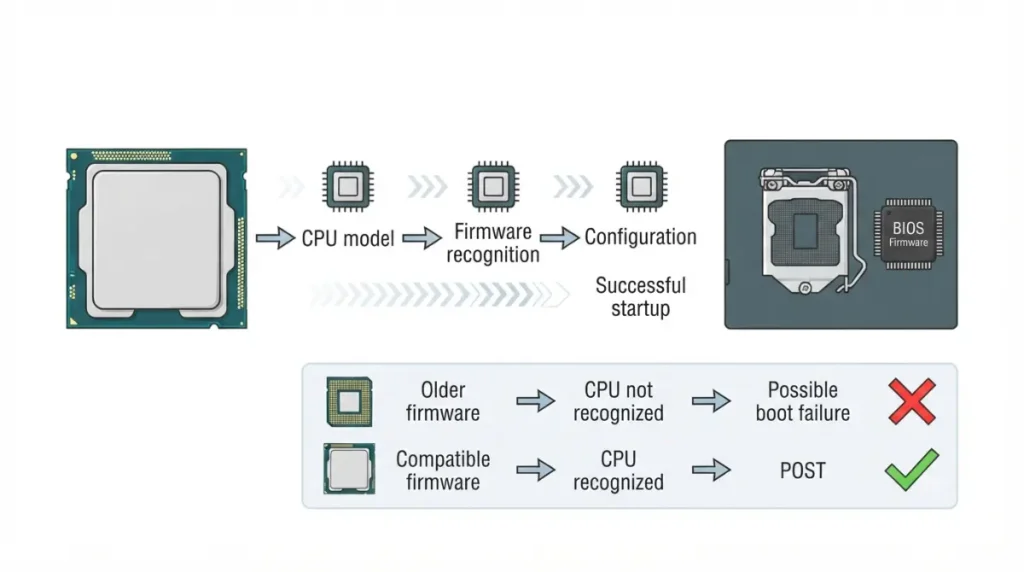 motherboard BIOS version showing how firmware recognizes and configures a compatible CPU