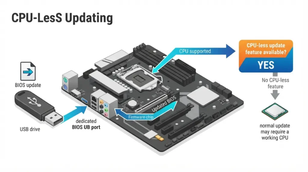 motherboard BIOS version update using CPU-less BIOS Flashback with a USB drive