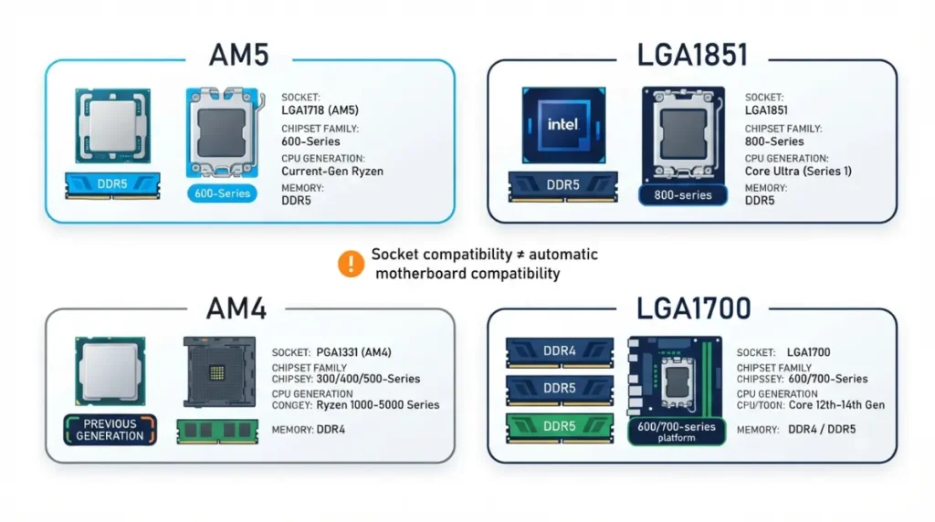 motherboard compatibility platform map comparing AM5, AM4, LGA1851, and LGA1700