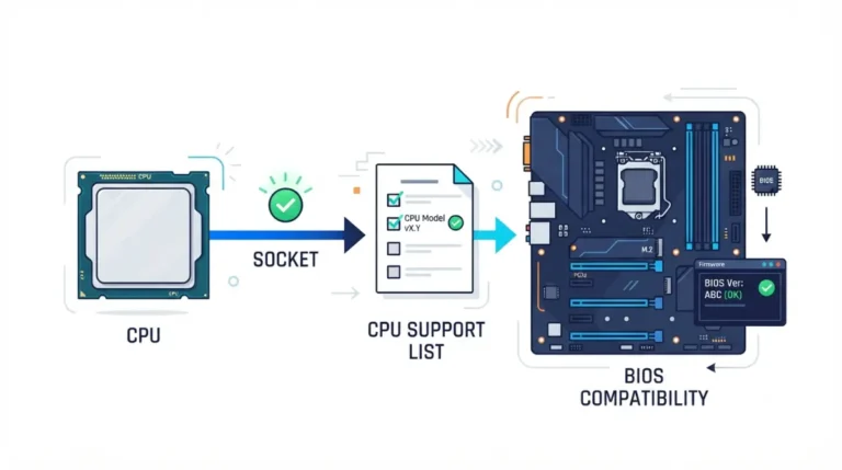 motherboard compatibility guide showing CPU socket, CPU support list, and BIOS checks