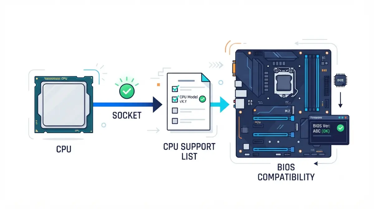 motherboard compatibility guide showing CPU socket, CPU support list, and BIOS checks