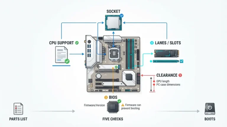 Motherboard compatibility five checks for a PC build including socket, CPU support, BIOS, lanes and clearance