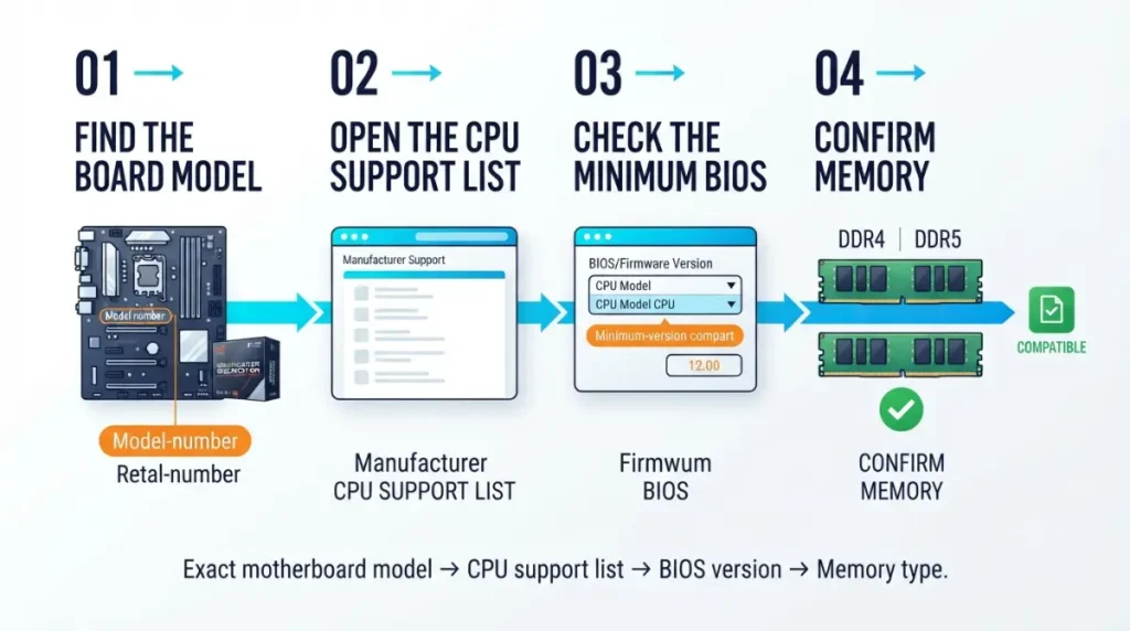 motherboard compatibility four-step process for checking board model, CPU support list, BIOS version, and memory