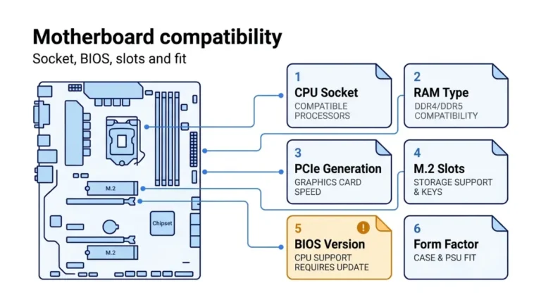 Diagram of six Motherboard Compatibility checks, each matched to the ASUS document that answers it