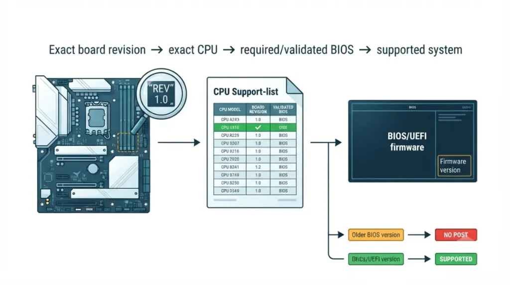Motherboard CPU support list showing board revision, validated BIOS version and compatible processor