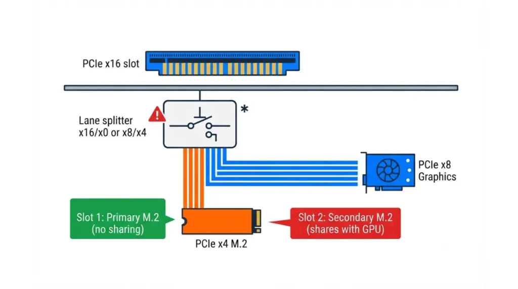 Motherboard M.2 GPU lane sharing mechanism showing PCIe x16 slot splitting to x8 for graphics and M.2 SSD