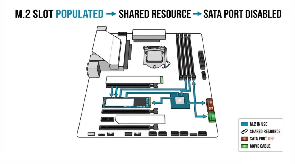 Motherboard M.2 and SATA lane sharing showing an M.2 SSD disabling a specific SATA port