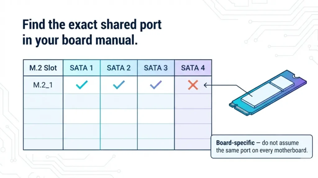 Motherboard M.2 and SATA port sharing table showing which SATA port becomes unavailable