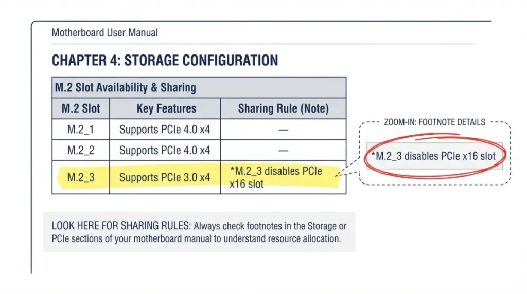 “Motherboard manual storage section with sharing table for M.2 slots highlighted”
