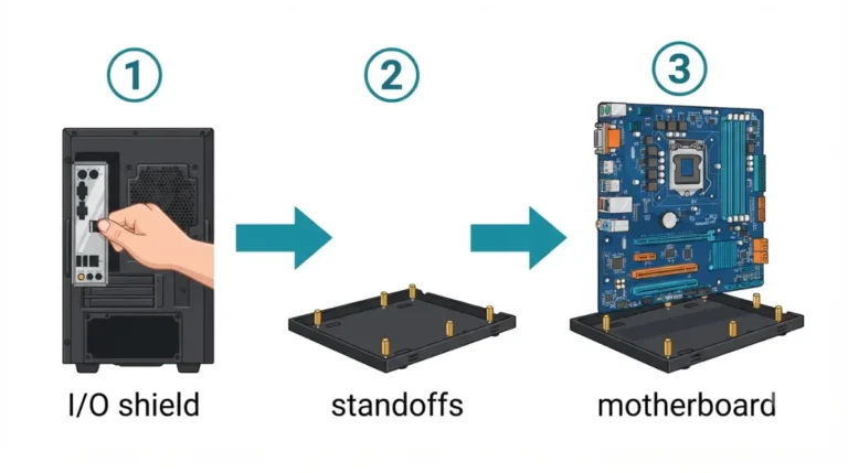 Motherboard Standoffs installation order showing a separate I/O shield, case standoffs, and the motherboard