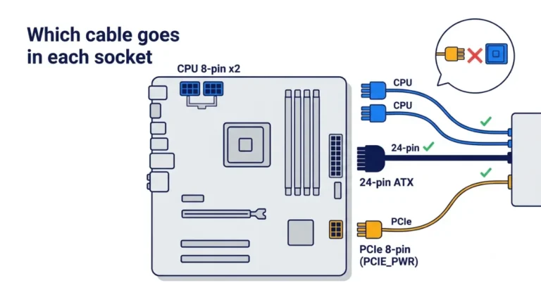 Vector diagram matching each motherboard power connector to its PSU cable: 24-pin, two CPU 8-pin and a PCIe 8-pin