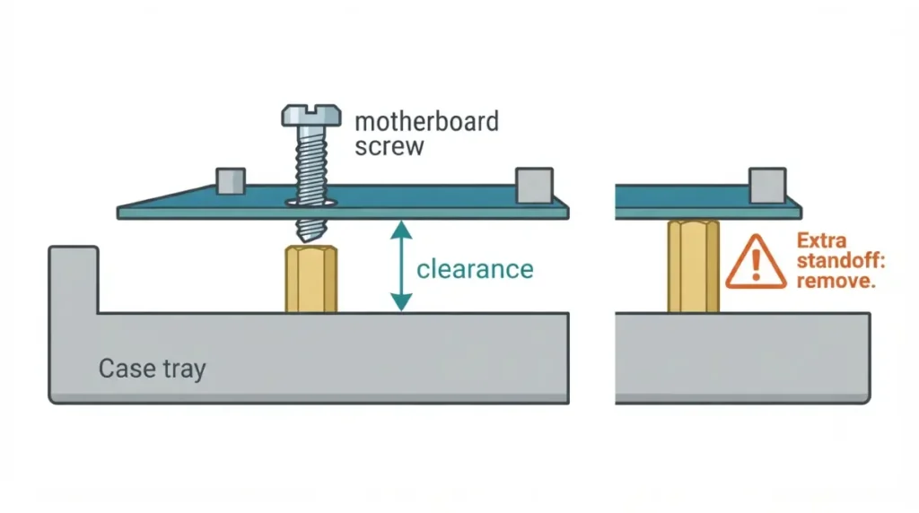 Motherboard Standoffs separating the motherboard from the PC case tray, with an extra standoff marked for removal