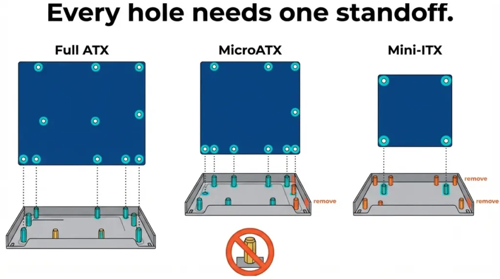 Motherboard Standoffs aligned with mounting holes on ATX, microATX, and Mini-ITX motherboards