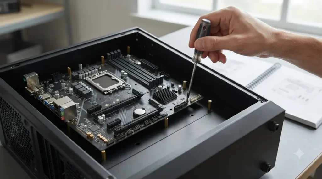 Motherboard mounting holes aligned with brass standoffs inside a PC case