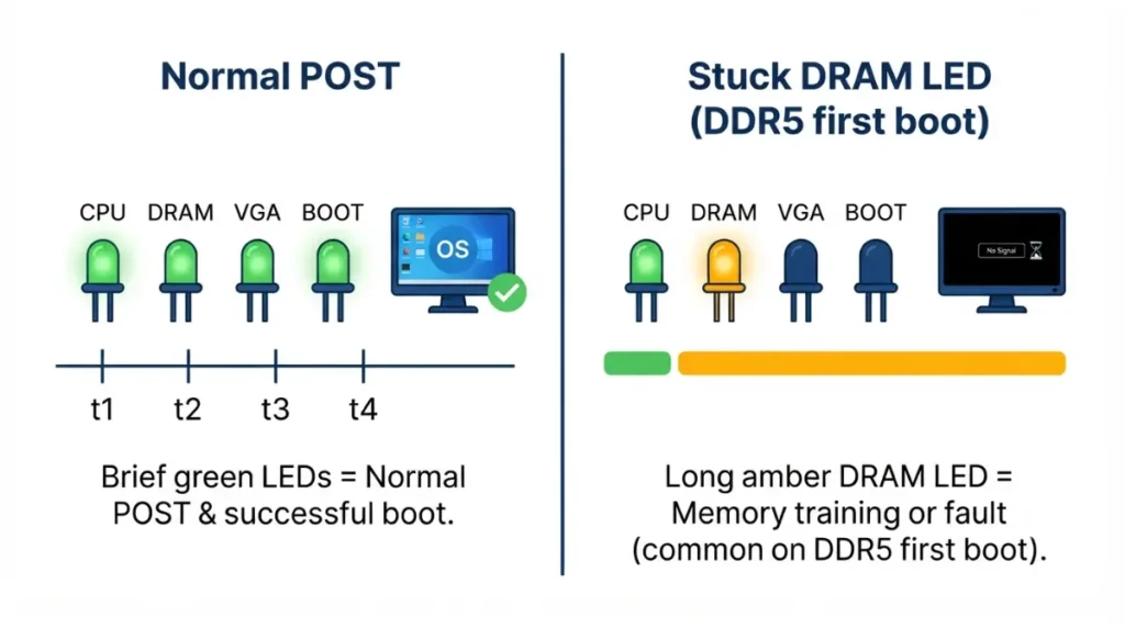 Motherboard Debug normal LED flicker versus stuck DRAM LED on first boot
