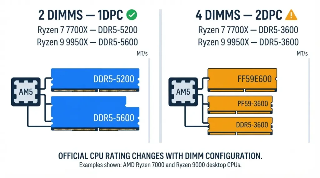 RAM speed comparison showing AMD AM5 DDR5 1DPC two-stick ratings versus 2DPC four-stick DDR5-3600 ratings