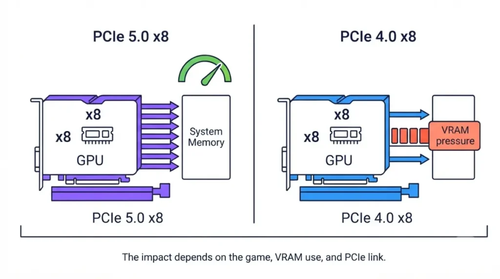PCIe 5.0 Motherboard comparison showing an x8 GPU on Gen5 and Gen4 slots with VRAM-related bandwidth pressure.