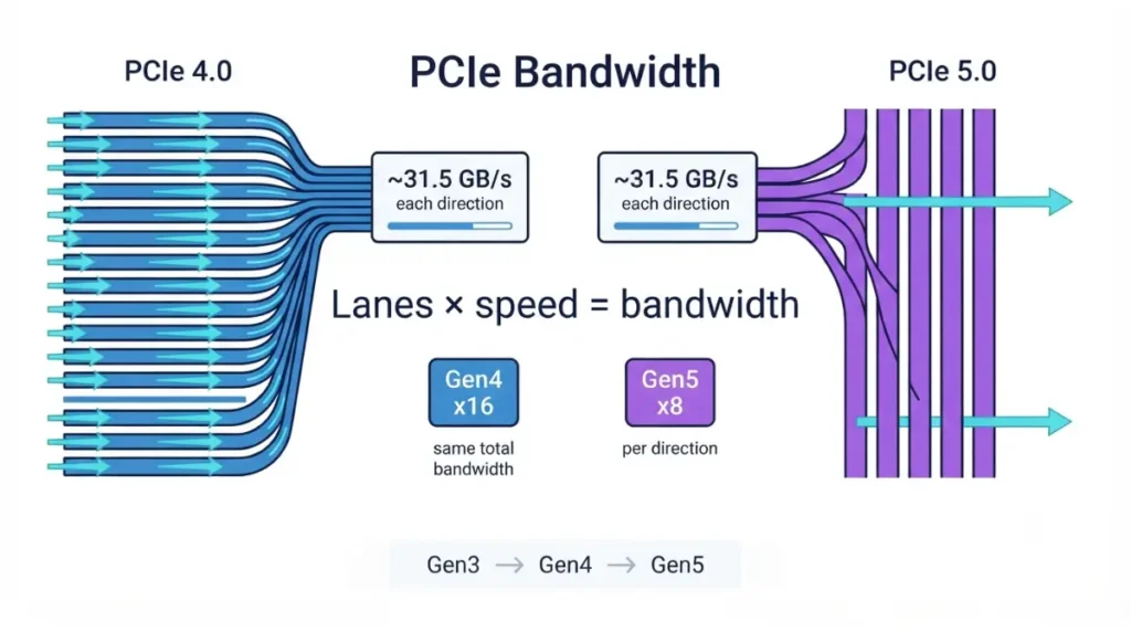 PCIe 5.0 Motherboard diagram showing PCIe 5.0 x8 and PCIe 4.0 x16 delivering similar theoretical bandwidth.