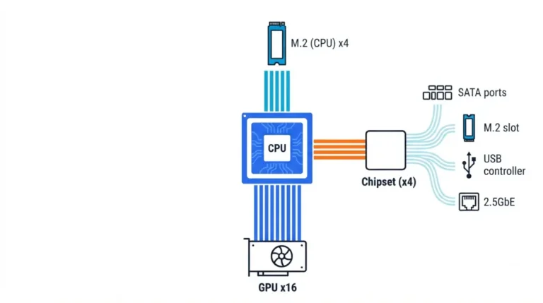 Vector diagram of PCIe Lane Sharing showing CPU lanes split between GPU, M.2 SSDs, and chipset on a motherboard