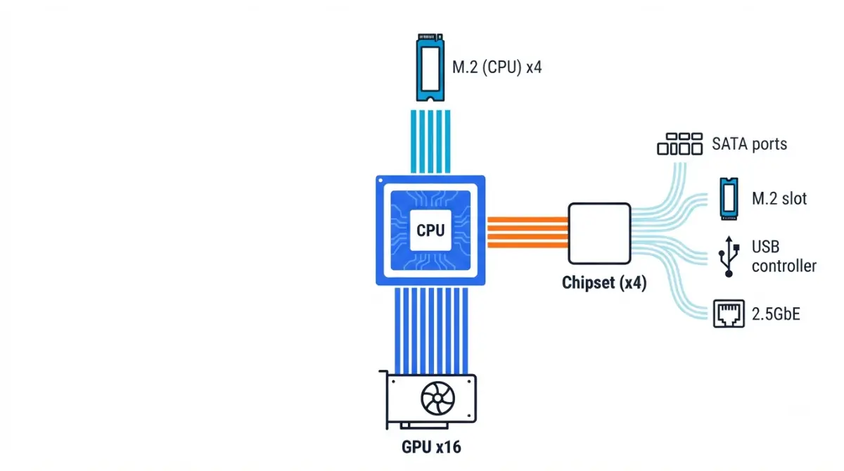 Vector diagram of PCIe Lane Sharing showing CPU lanes split between GPU, M.2 SSDs, and chipset on a motherboard