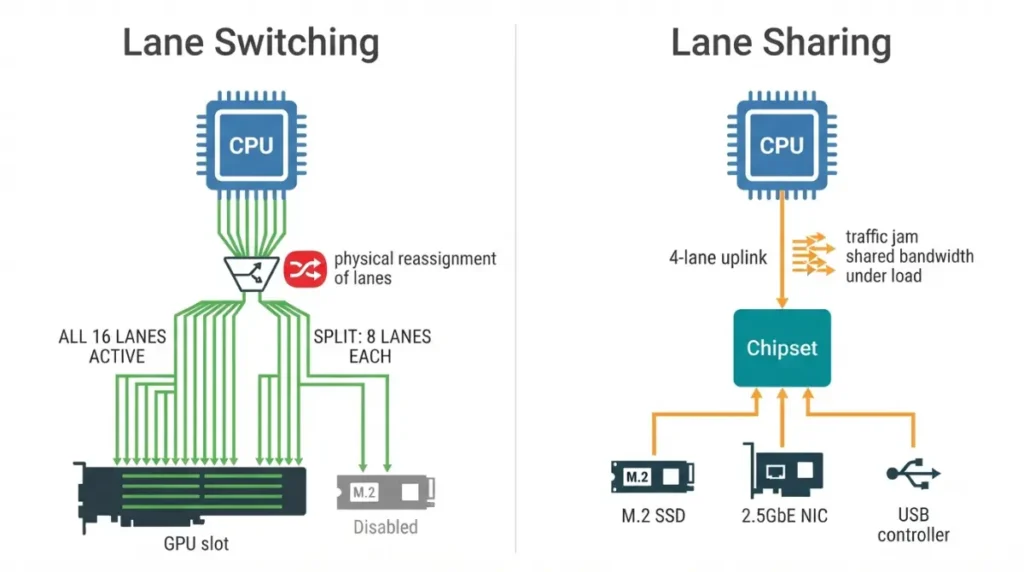 Comparison of PCIe Lane Sharing and lane switching on a motherboard with CPU, GPU, M.2 and chipset
