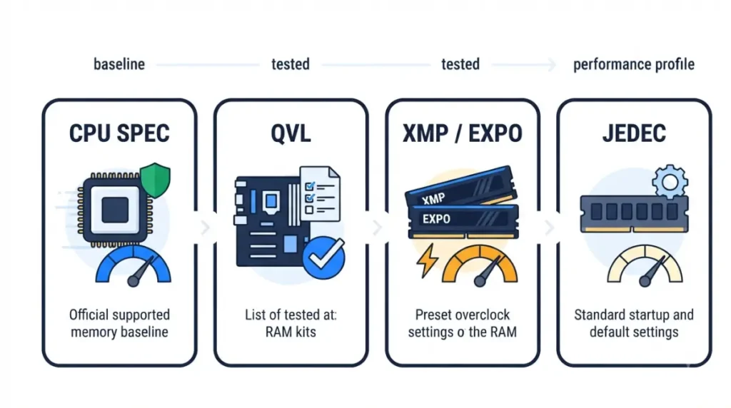 QVL vector comparison of CPU memory specification, motherboard QVL testing, XMP or EXPO profiles, and JEDEC default RAM settings