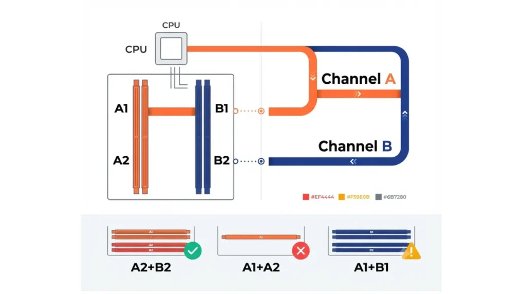 Memory channel mapping diagram showing RAM Slot labels A1 A2 on channel A and B1 B2 on channel B