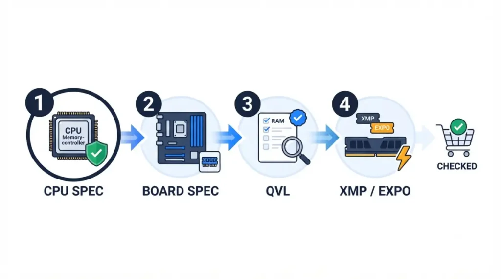 QVL RAM compatibility checklist showing CPU specification, motherboard specification, QVL, then XMP or EXPO profile