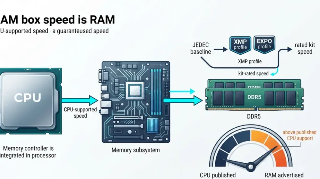 RAM compatibility showing CPU memory controller, JEDEC speed, XMP, EXPO, and RAM rated speed