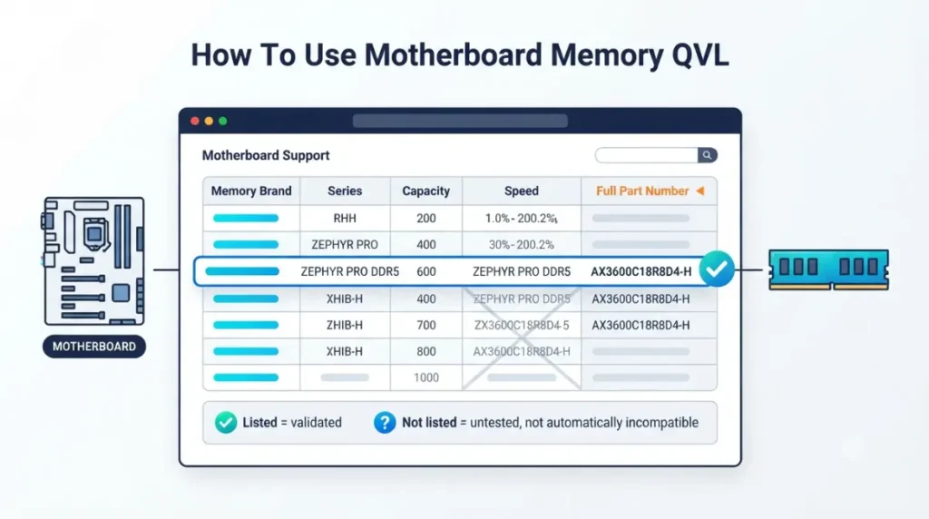 RAM compatibility using motherboard QVL and exact memory kit part number validatio