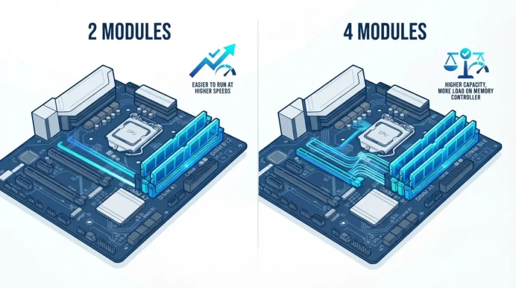RAM compatibility showing two vs four DIMM modules, motherboard memory slots, and correct slot population