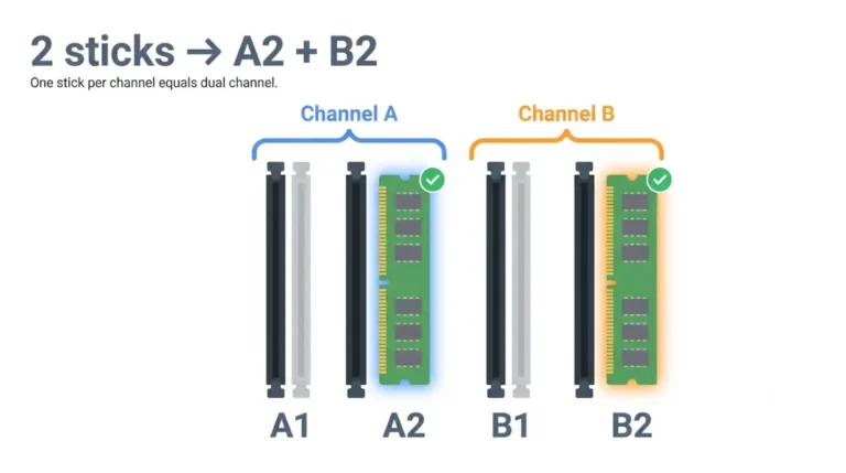 Four memory slots in channel A and channel B, with the A2 and B2 slot pair marked for a two-stick install
