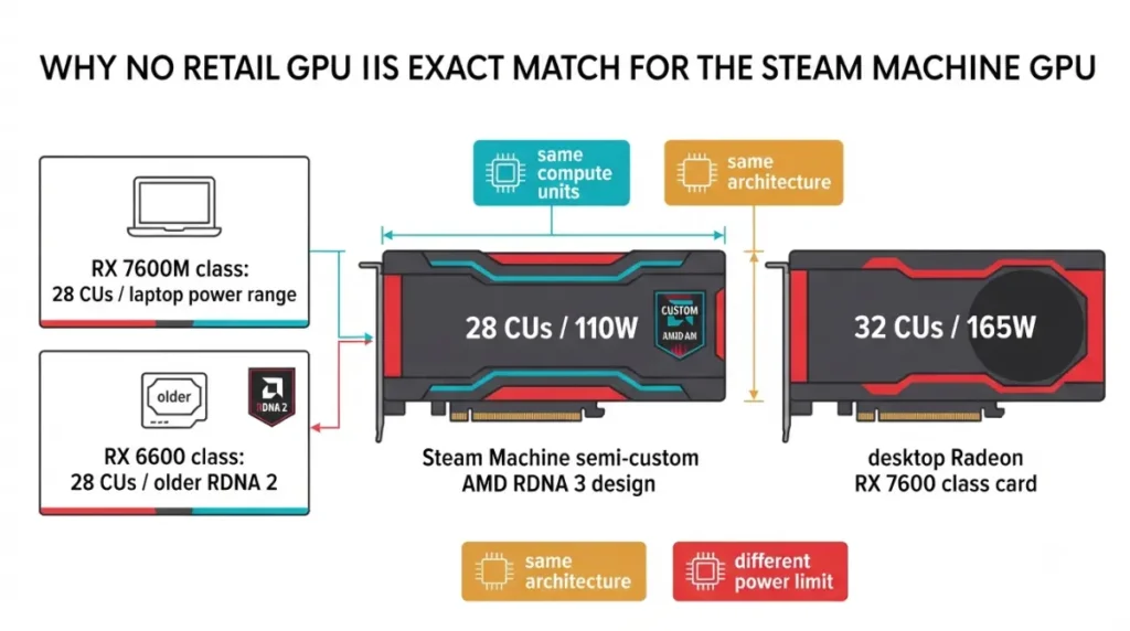Machine GPU comparison with RX 7600, RX 7600M, and RX 6600 graphics cards showing differences in compute units, architecture, and power