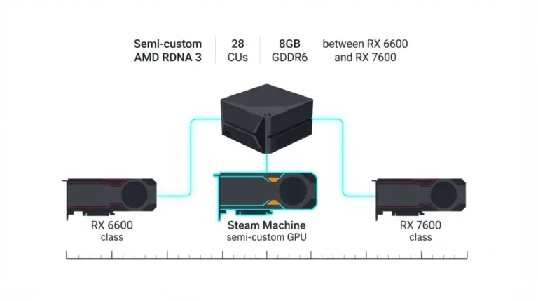 Steam Machine GPU compared with RX 6600 and RX 7600, showing the semi-custom Machine GPU positioned between both graphics cards