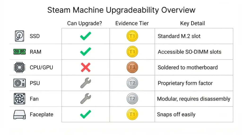 Matrix showing which Steam Machine parts can be upgraded