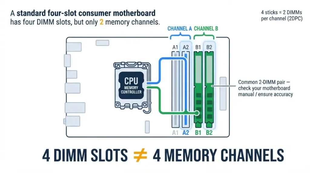 RAM motherboard diagram showing four DDR5 DIMM slots connected as two memory channels with two DIMMs per channel