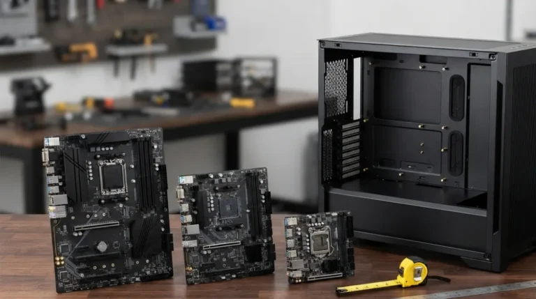 Motherboard size comparison with ATX, microATX, and Mini-ITX boards beside an open PC case