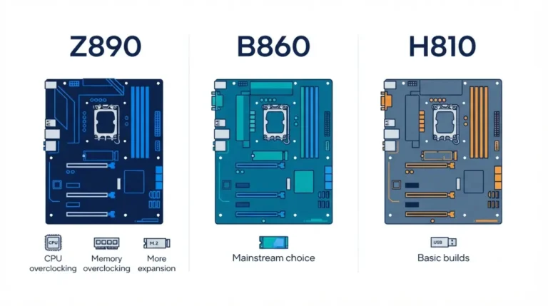 Z890 vs B860 comparison with H810 showing Intel 800-series chipset choices for gaming, creator and budget PCs