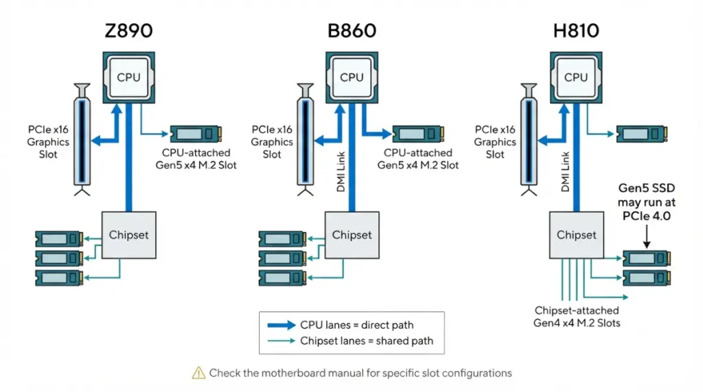 Z890 vs B860 comparison with H810 showing CPU and chipset PCIe lanes for Gen5 M.2 SSDs