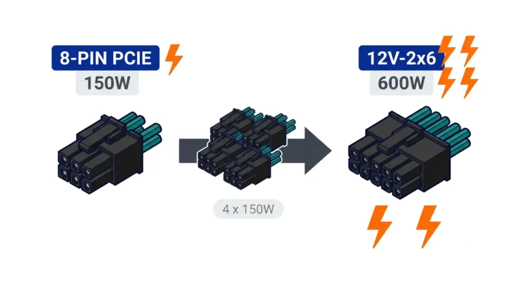 8-pin PCIe connector rated 150W beside a 12V-2x6 connector rated up to 600W in a vector comparison.