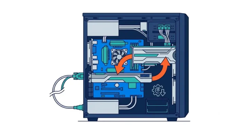 Desktop PC in three stages: old graphics driver removed, card swapped with power unplugged, new driver installed offline