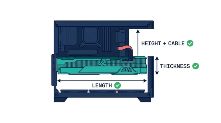Vector diagram showing whether a GPU will Fit in a PC case using length, thickness, and height-plus-cable clearance checks.