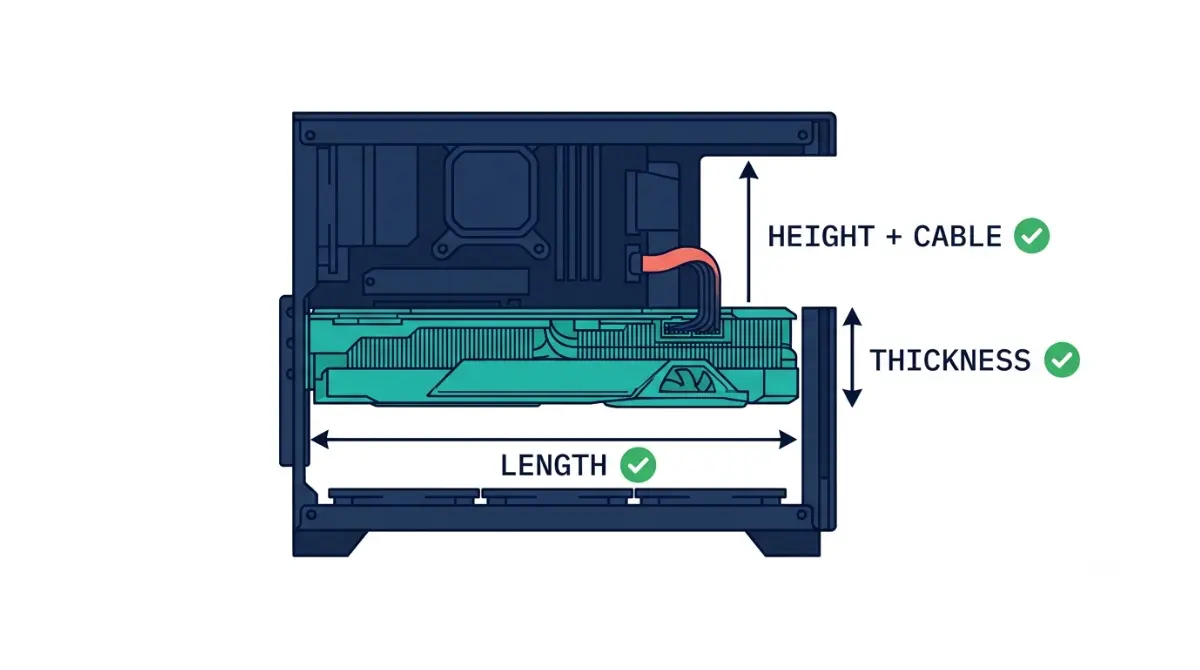 Vector diagram showing whether a GPU will Fit in a PC case using length, thickness, and height-plus-cable clearance checks.