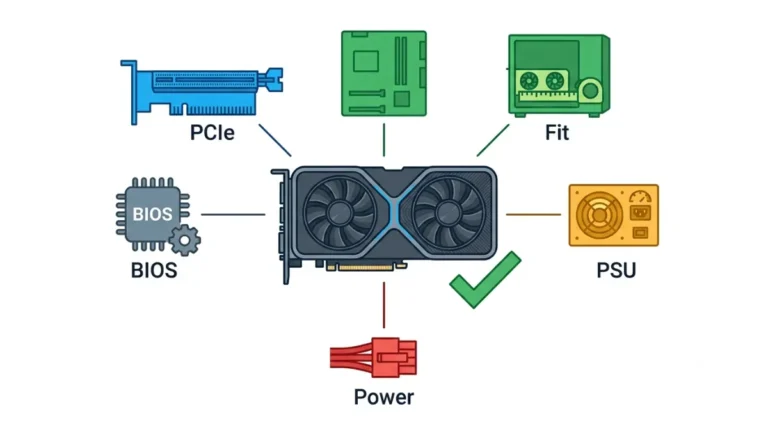 GPU Compatibility checklist infographic showing PCIe slot, case fit, PSU wattage, power connector, and BIOS checks for a graphics card.