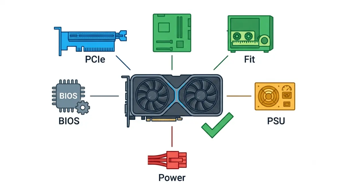 GPU Compatibility checklist infographic showing PCIe slot, case fit, PSU wattage, power connector, and BIOS checks for a graphics card.