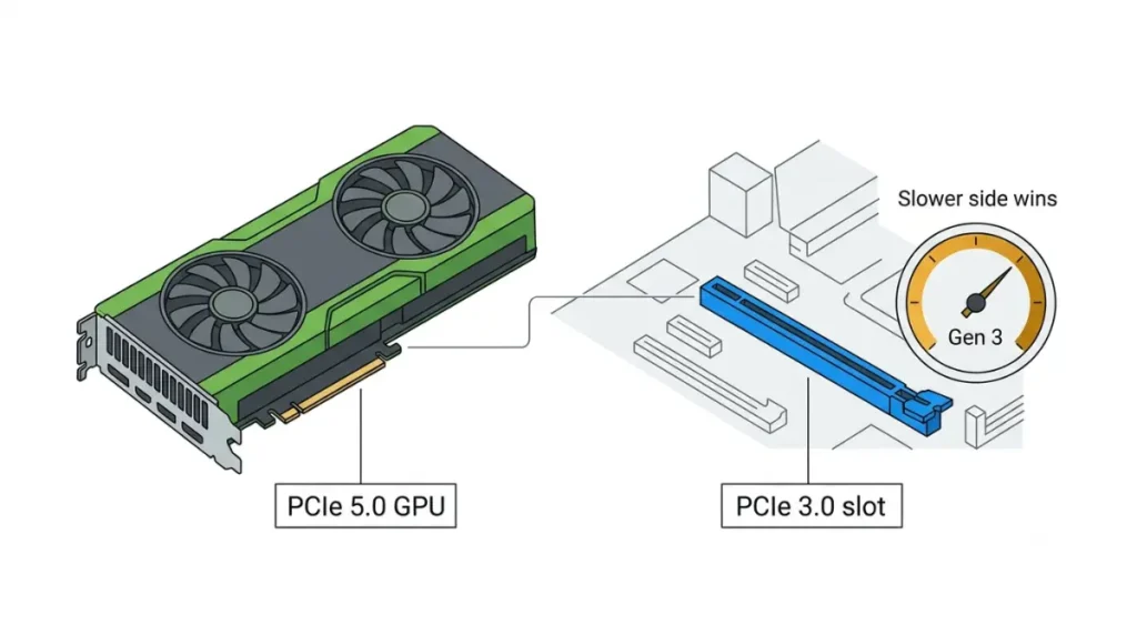 GPU Compatibility illustration of a PCIe 5.0 graphics card working in a PCIe 3.0 motherboard slot at the slower Gen 3 speed.