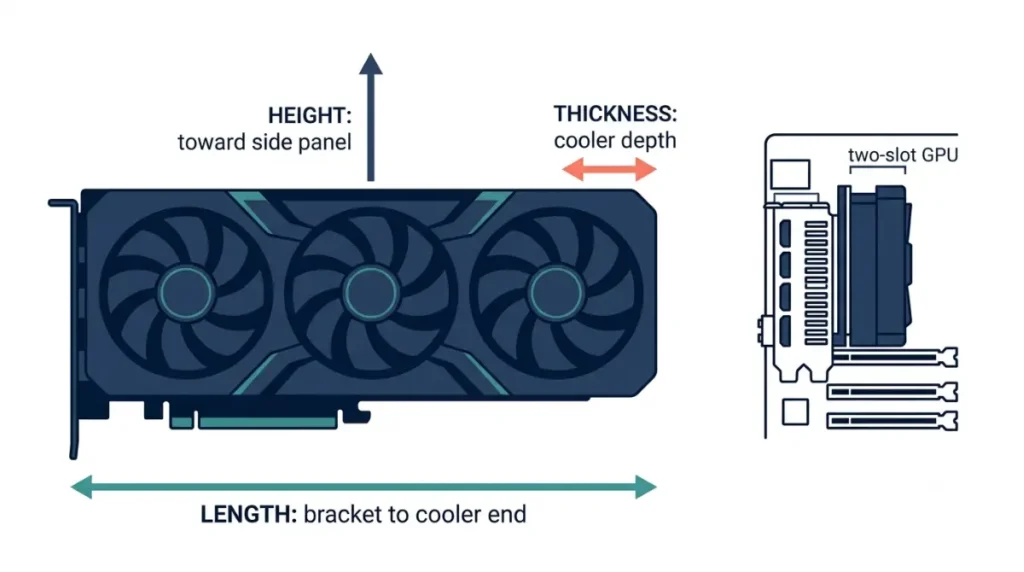 Labeled vector diagram explaining GPU length, height, and cooler thickness measurements used to check whether a card will Fit.