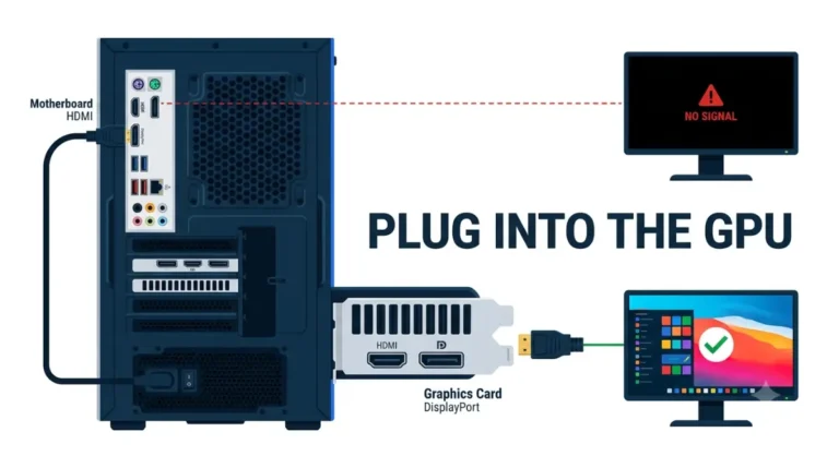 GPU Monitor connection diagram showing why to plug a monitor into a graphics card instead of motherboard HDMI.