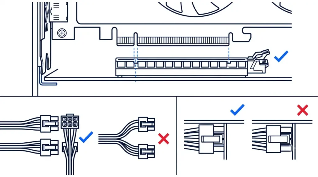 Install details: card notch aligned with the PCIe slot key, one cable per power input and a flush 16-pin plug