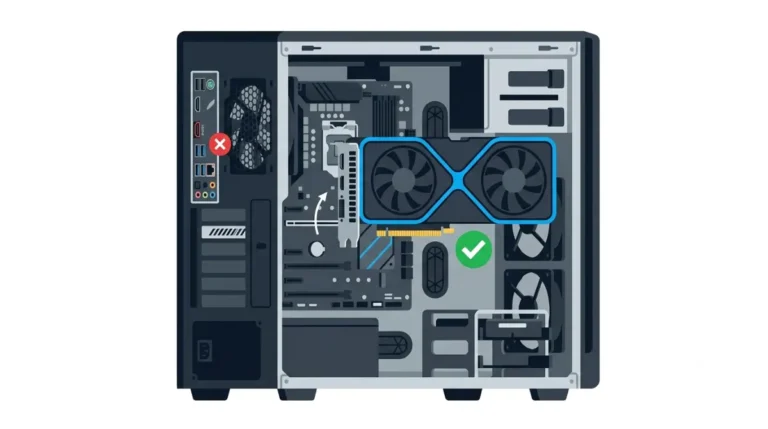 Install a GPU: vector illustration of a graphics card being installed into a desktop PC’s PCIe x16 slot